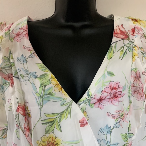 Code Mode White Watercolor Floral Print Ruffle Sleeve Criss Cross Back Shirt - Picture 2 of 8